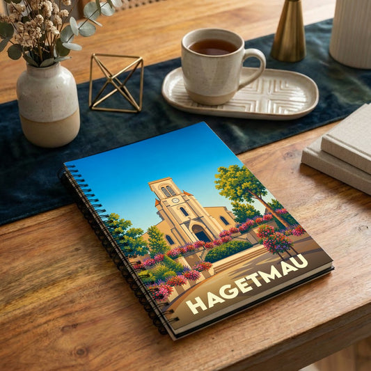 Carnet de notes souvenir de la ville de Hagetmau avec une illustration stylisée de son église.