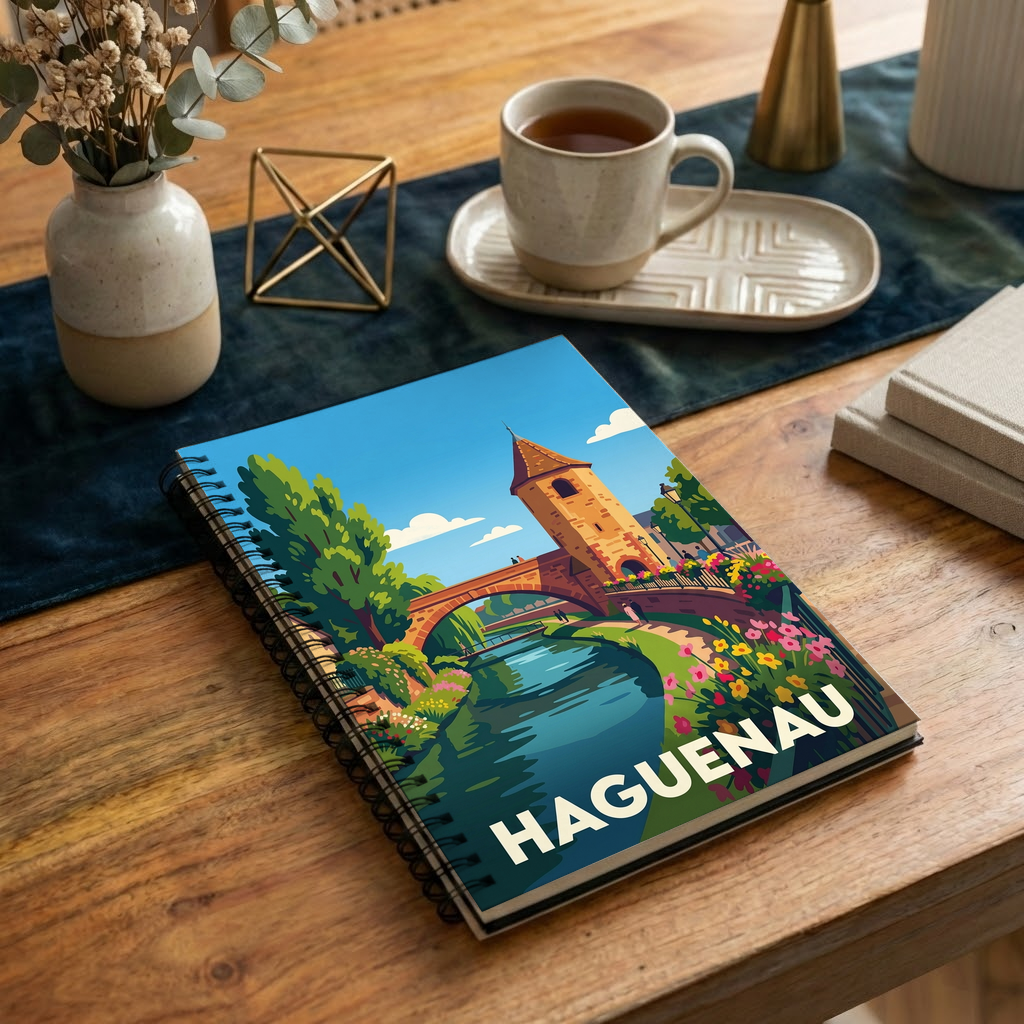 Carnet souvenir de la ville de Haguenau avec une illustration stylisée et colorée.