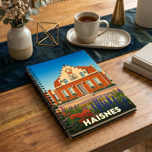 Carnet de notes souvenir de la ville de Haisnes avec une illustration stylisée de son hôtel de ville et d'un parterre de fleurs.