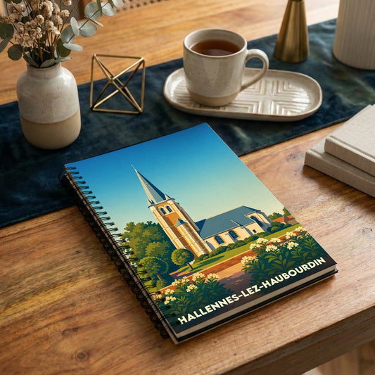 Carnet à spirales souvenir de la ville de Hallennes-lez-Haubourdin avec une illustration stylisée de son église.