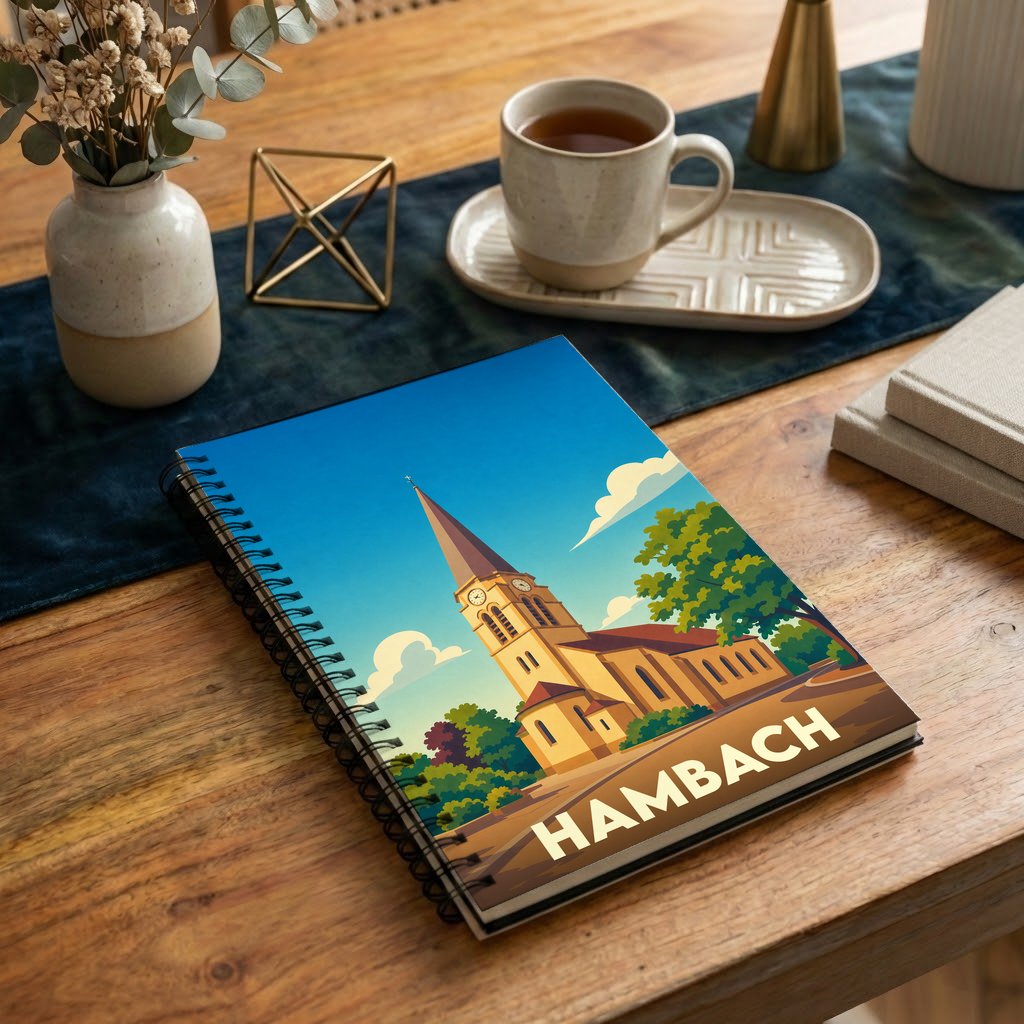 Carnet souvenir de la ville de Hambach avec une illustration stylisée d'une église sur la couverture.