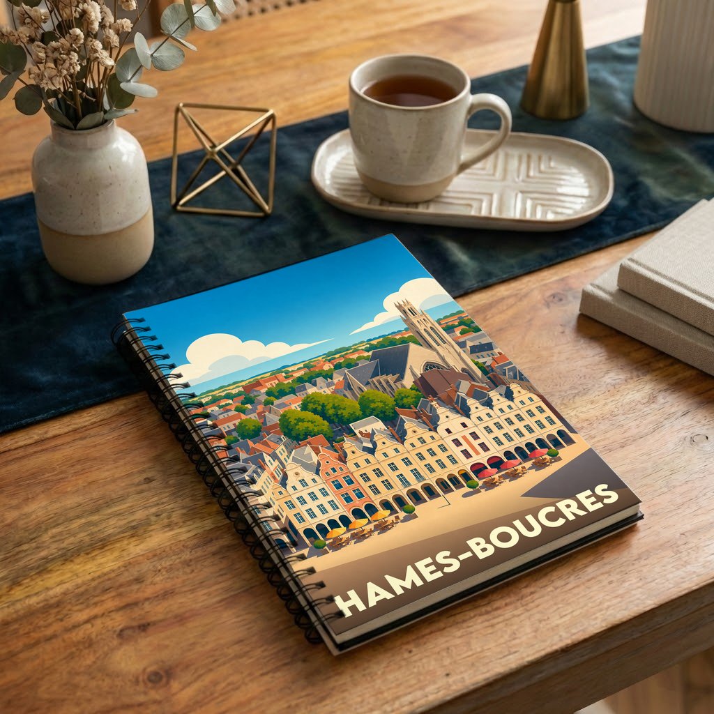 Carnet à spirales souvenir de la ville de Hames-Boucres avec une illustration stylisée.