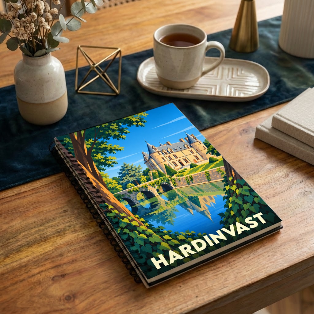 Carnet souvenir de la ville de Hardinvast avec une illustration stylisée représentant son château et son pont.