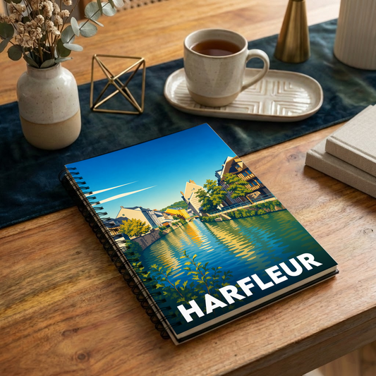 Carnet souvenir de la ville de Harfleur avec une illustration stylisée de ses quais.