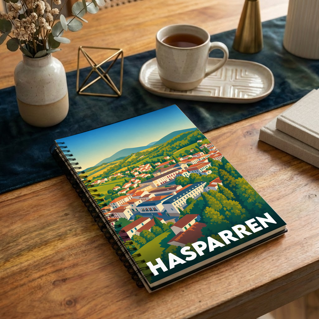 Carnet de notes à spirales souvenir de la ville de Hasparren avec une illustration stylisée d'un paysage vallonné.