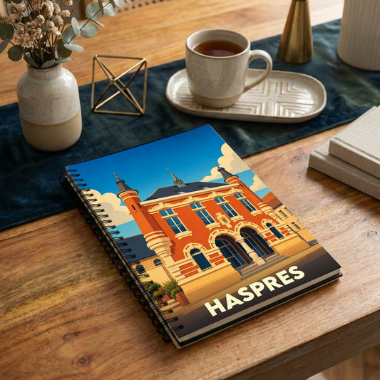 Carnet de notes souvenir de la ville de Haspres avec une illustration stylisée de son hôtel de ville.
