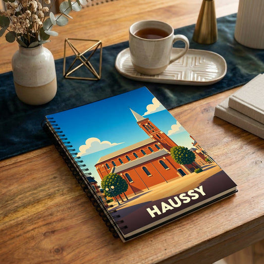 Carnet à spirales souvenir de la ville de Haussy avec une illustration stylisée de son église.