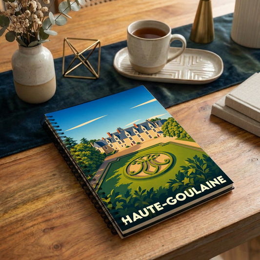 Carnet à spirale souvenir de la ville de Haute-Goulaine avec une illustration stylisée de son château et de ses jardins.