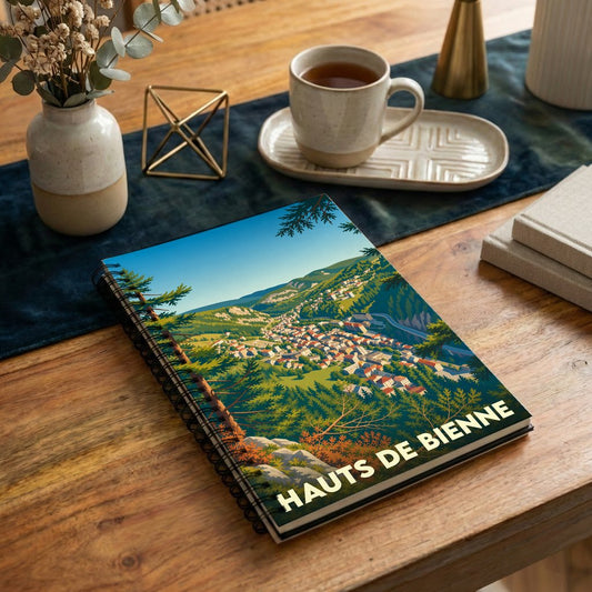 Carnet à spirales souvenir de la ville de Hauts de Bienne avec une illustration stylisée d'un paysage de montagne.