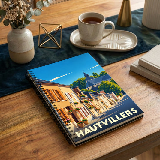 Carnet à spirales souvenir de la ville de Hautvillers illustré par une vue de rue colorée et stylisée.