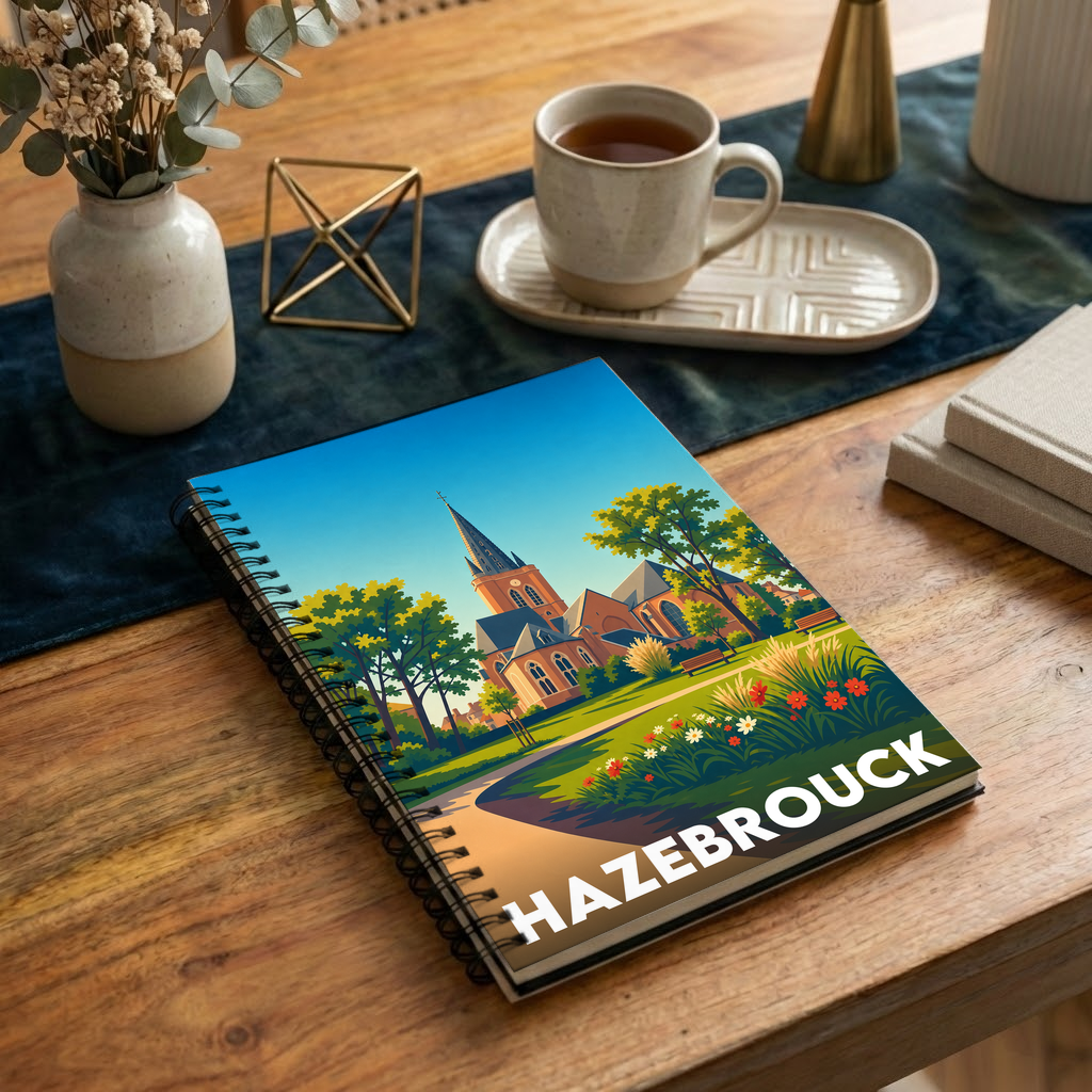 Carnet de notes souvenir de la ville de Hazebrouck avec une illustration stylisée.