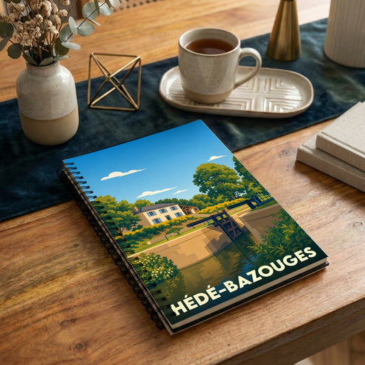 Carnet de notes souvenir de la ville de Hédé-Bazouges avec une illustration stylisée de son canal.