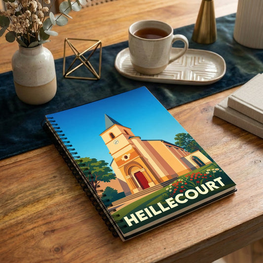 Carnet souvenir de la ville de Heillecourt avec une illustration stylisée de son église.