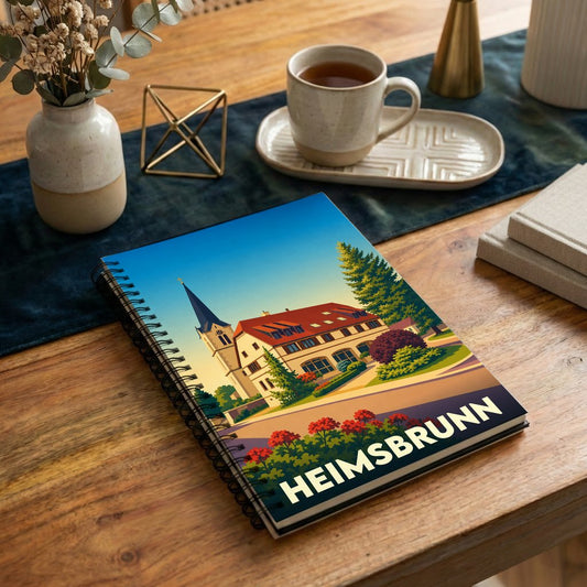 Carnet à spirales souvenir de la ville de Heimsbrunn avec une illustration stylisée.