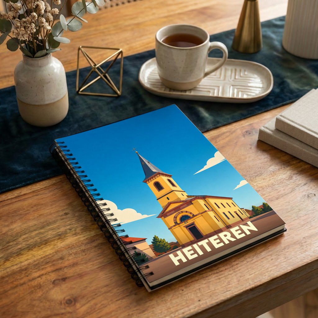 Carnet à spirales souvenir de la ville de Heiteren avec une illustration stylisée de son église.