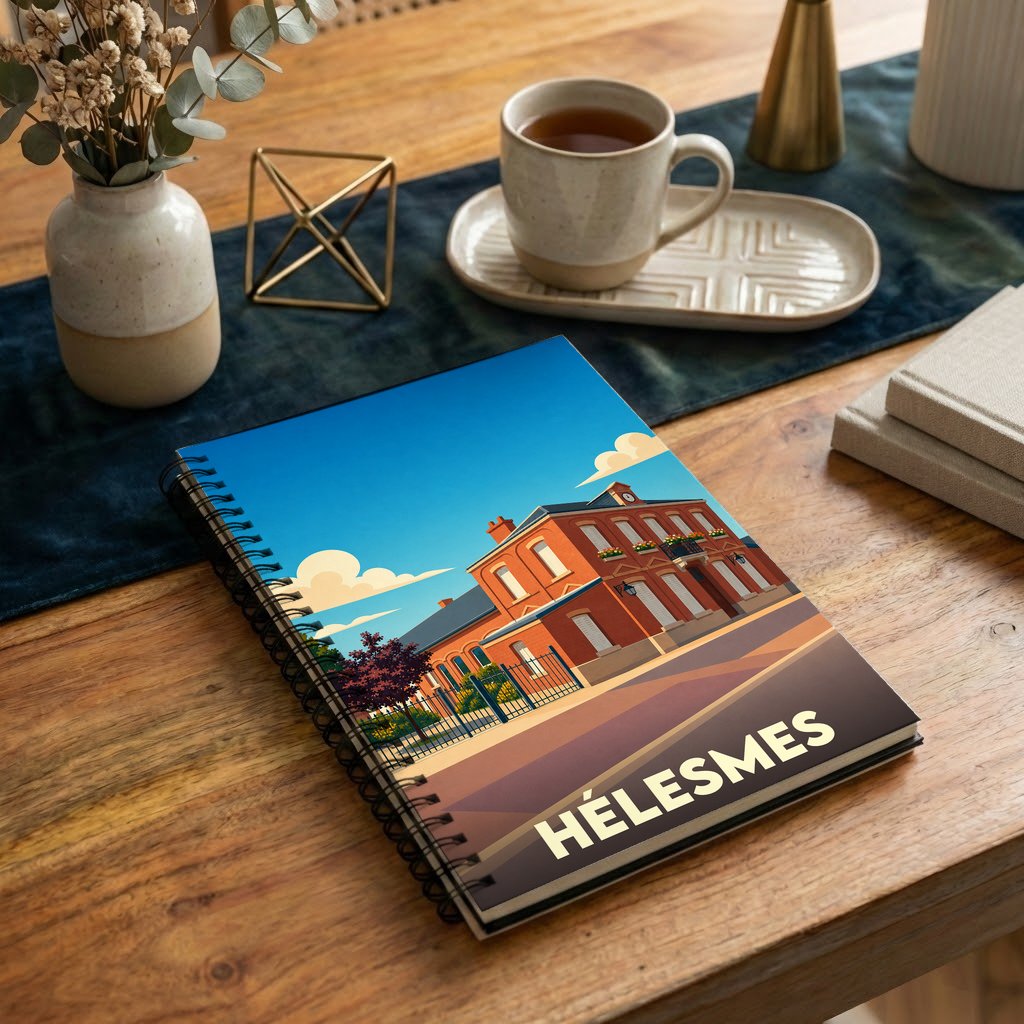 Carnet souvenir de la ville de Hélesmes avec une illustration stylisée.