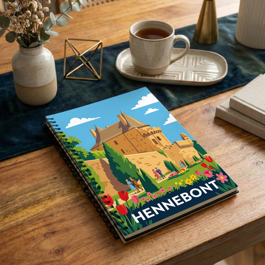 Carnet souvenir de la ville de Hennebont avec une illustration stylisée et colorée.