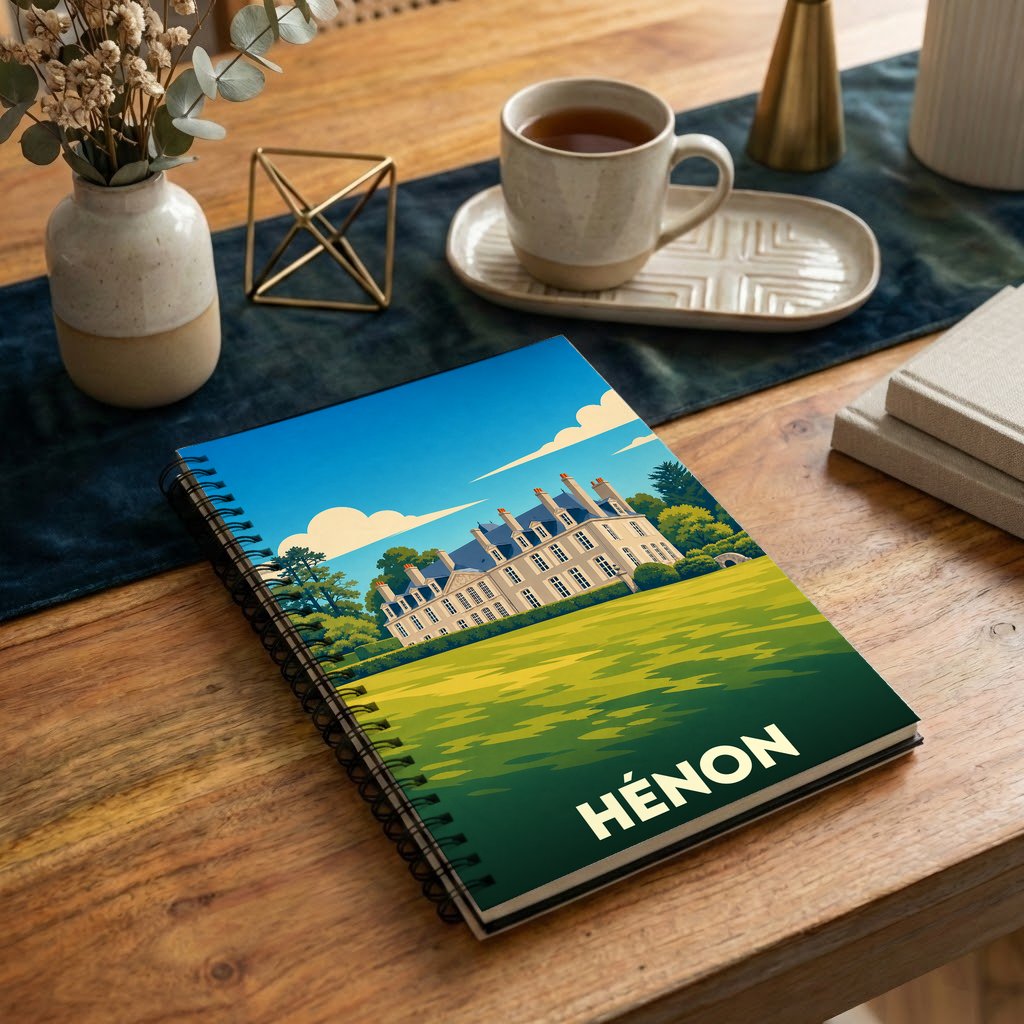 Carnet à spirales souvenir de la ville de Hénon avec une illustration stylisée de son château.