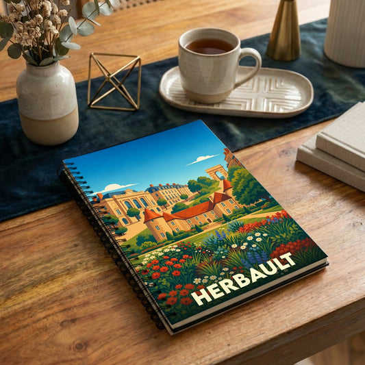 Carnet à spirales souvenir de la ville de Herbault avec une illustration colorée et stylisée de son patrimoine.