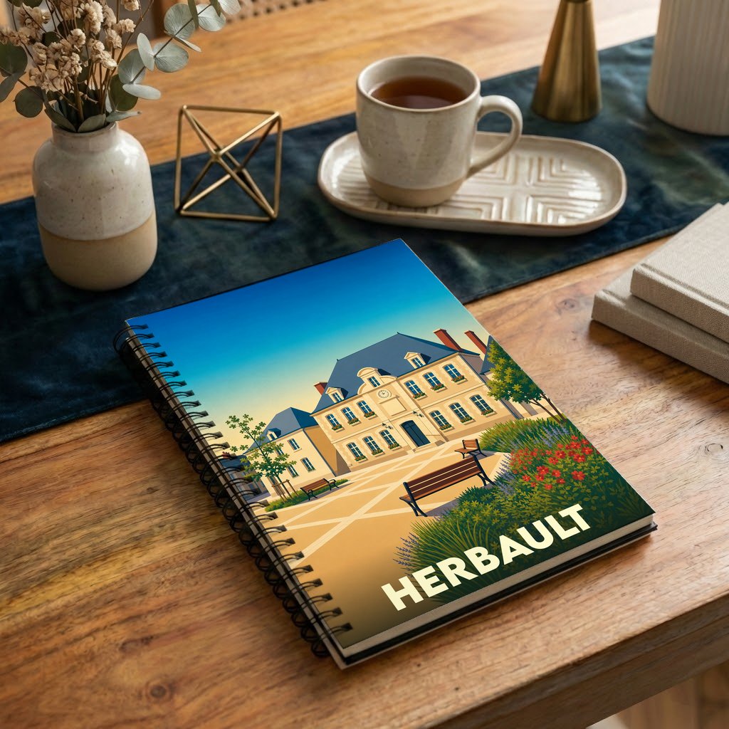 Carnet souvenir de la ville d'Herbault avec une illustration stylisée de sa place principale.