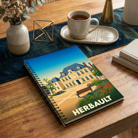 Carnet souvenir de la ville d'Herbault avec une illustration stylisée de sa place principale.