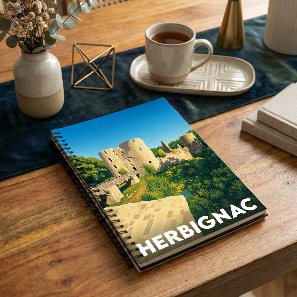 Carnet souvenir de la ville d'Herbignac avec une illustration stylisée d'un château médiéval.