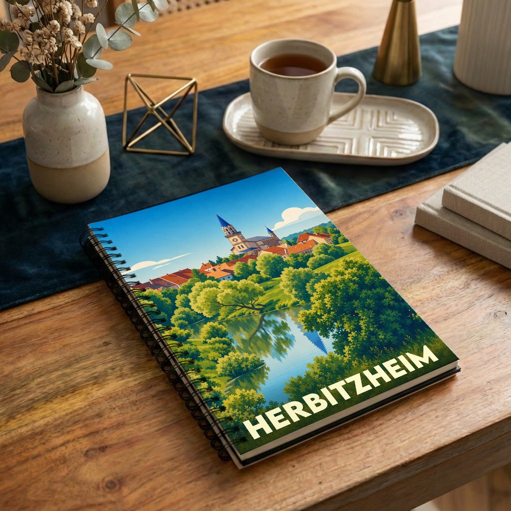 Carnet à spirales souvenir de la ville de Herbitzheim avec une illustration stylisée de son paysage urbain et de sa nature.