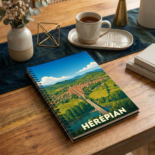 Carnet souvenir de la ville de Hérépian avec une illustration stylisée d'un paysage panoramique.