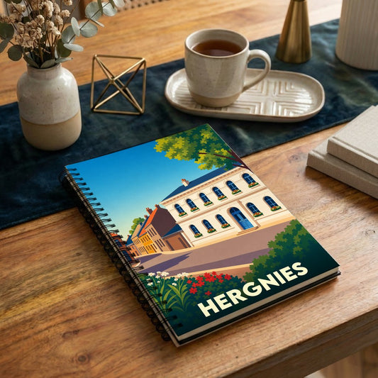 Carnet à spirales souvenir de la ville de Hergnies avec une illustration colorée et stylisée.