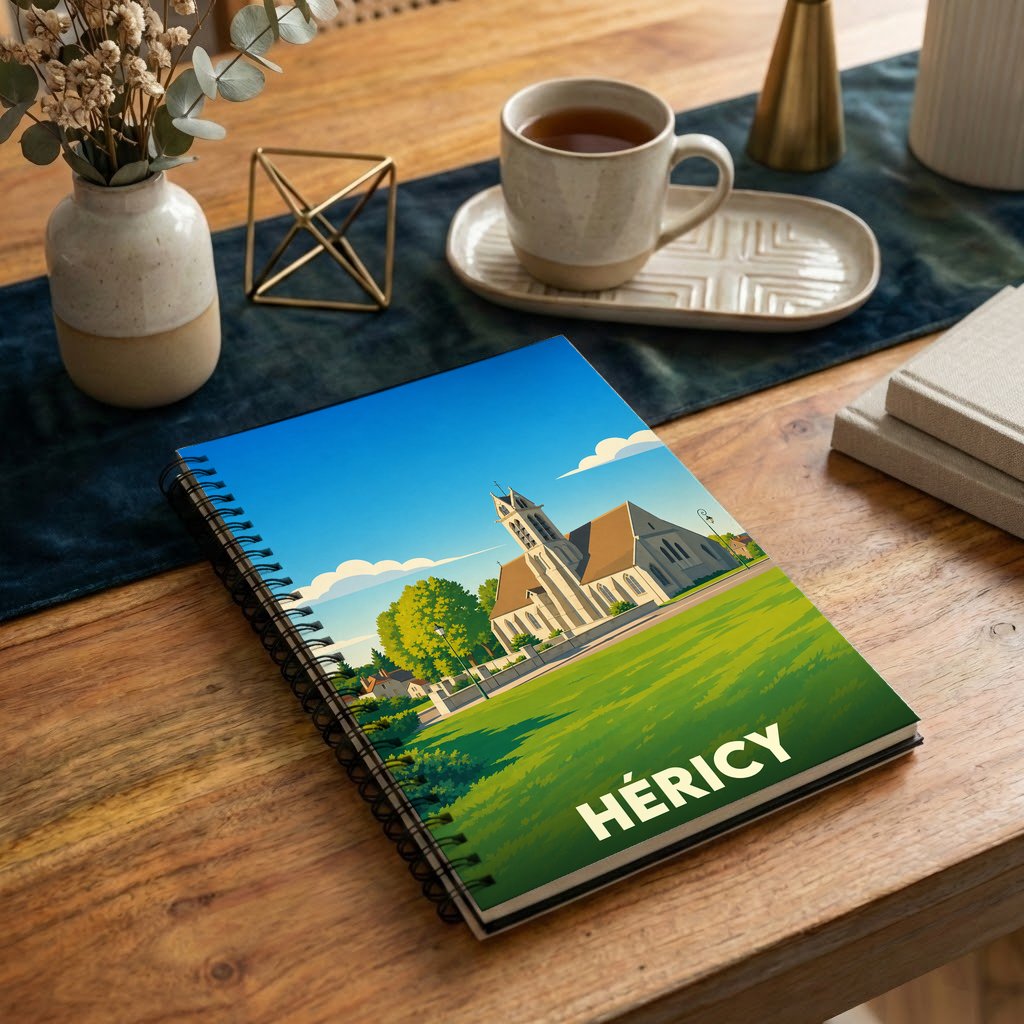 Carnet souvenir de la ville de Héricy avec une illustration stylisée de son église.