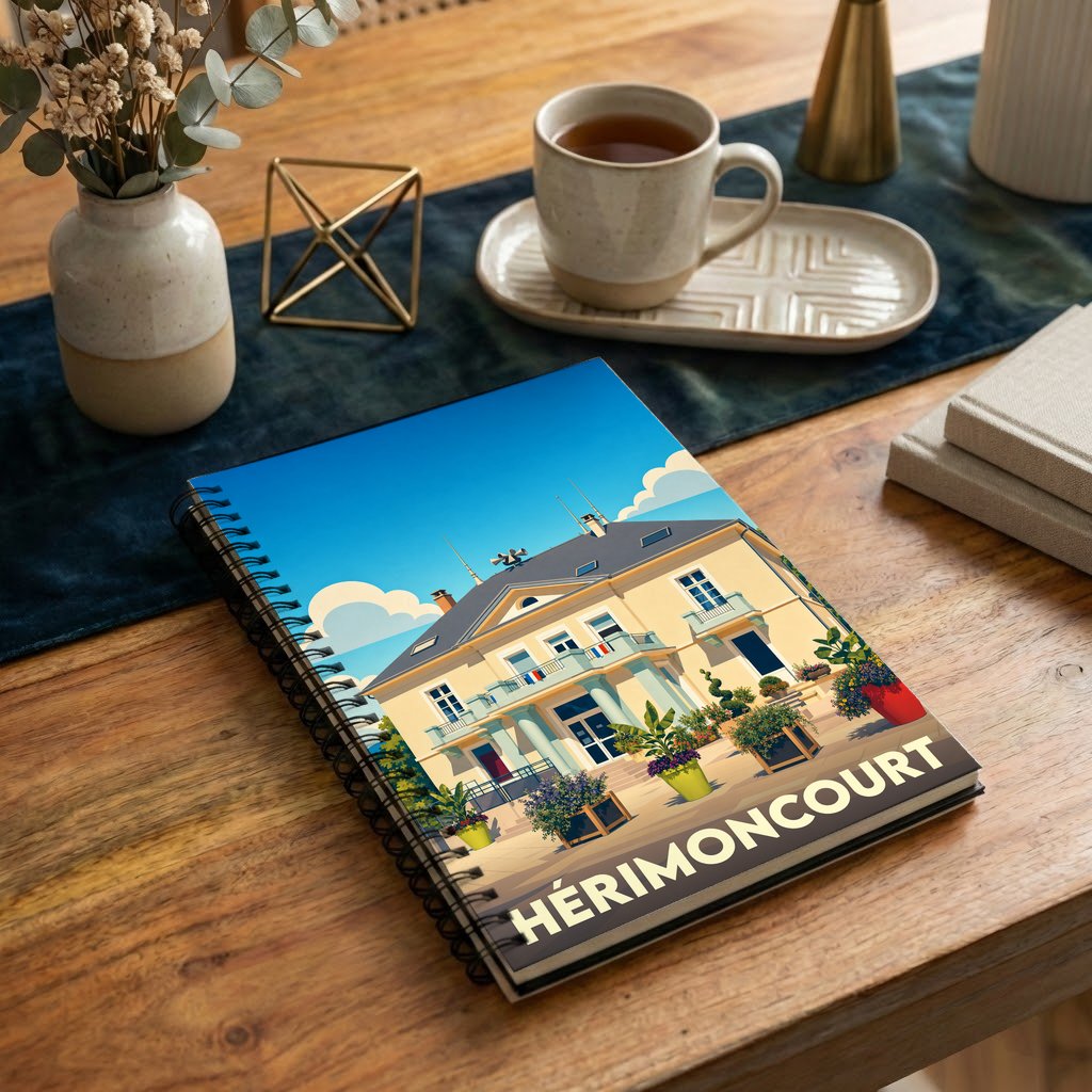 Carnet souvenir de la ville de Hérimoncourt avec une illustration stylisée de sa mairie.