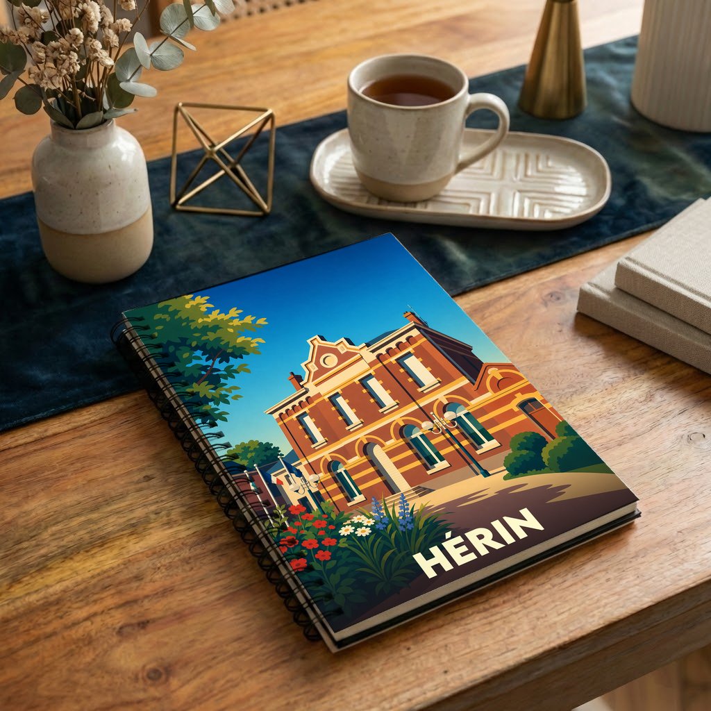 Carnet à spirale souvenir de la ville de Hérin avec une illustration stylisée de son hôtel de ville.