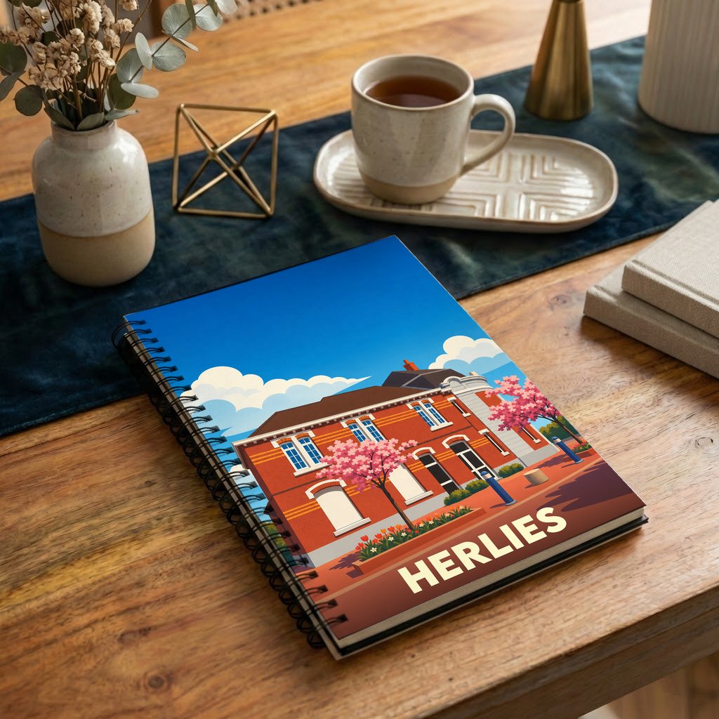 Carnet souvenir de la ville de Herlies avec une illustration colorée et stylisée d'un bâtiment en briques.