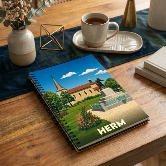 Carnet souvenir de la ville de Herm avec une illustration stylisée d'un monument historique.