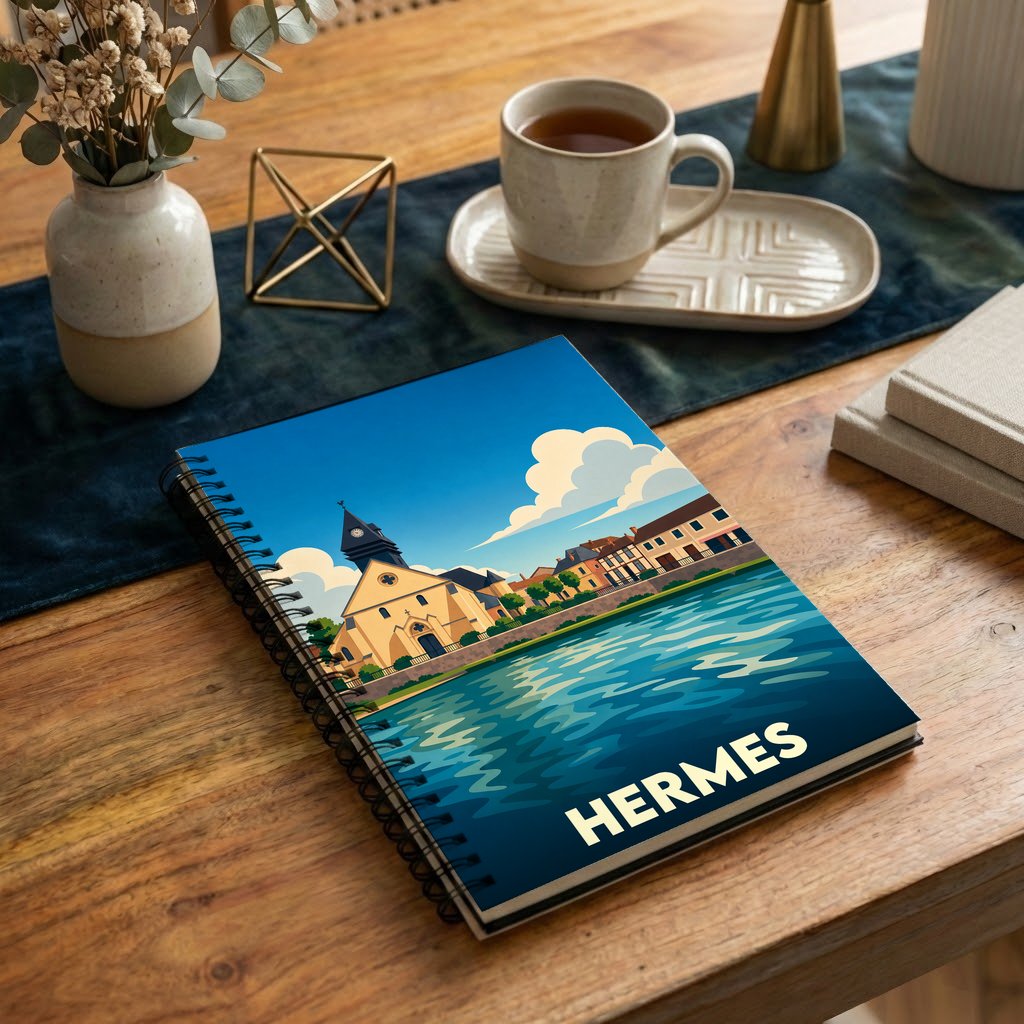 Carnet à spirale souvenir de la ville de Hermes avec une illustration stylisée d'un paysage urbain au bord de l'eau.