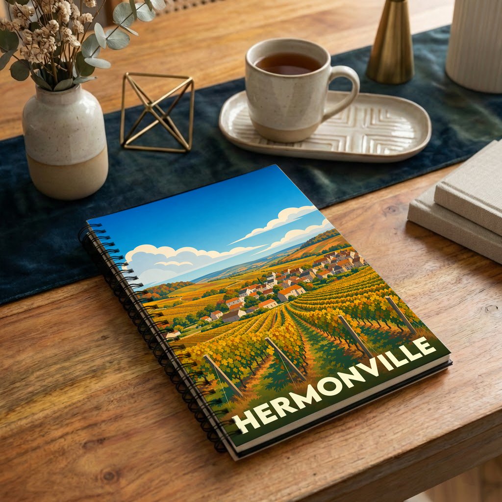 Carnet à spirale souvenir de la ville de Hermonville avec une illustration stylisée de vignobles.