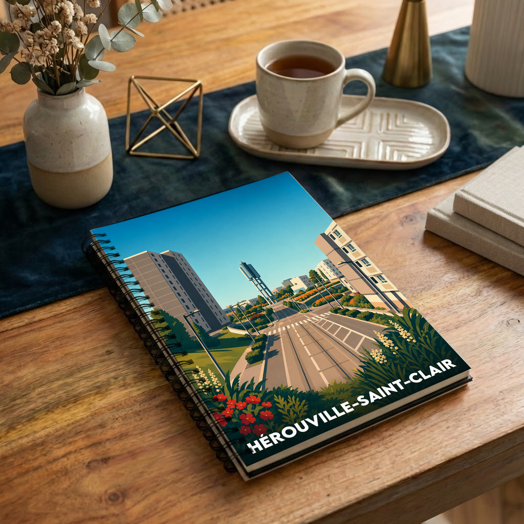 Carnet souvenir de la ville de Hérouville-Saint-Clair avec une illustration stylisée de son paysage urbain.
