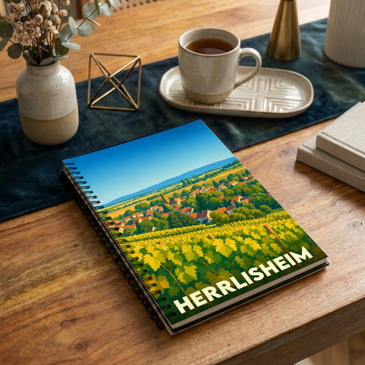 Carnet à spirales souvenir de la ville de Herrlisheim avec une illustration stylisée de vignobles et du village.