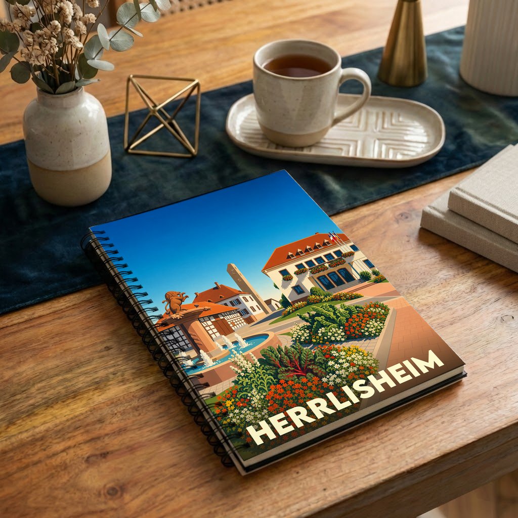 Carnet souvenir de la ville de Herrlisheim avec une illustration stylisée et colorée de sa place principale.