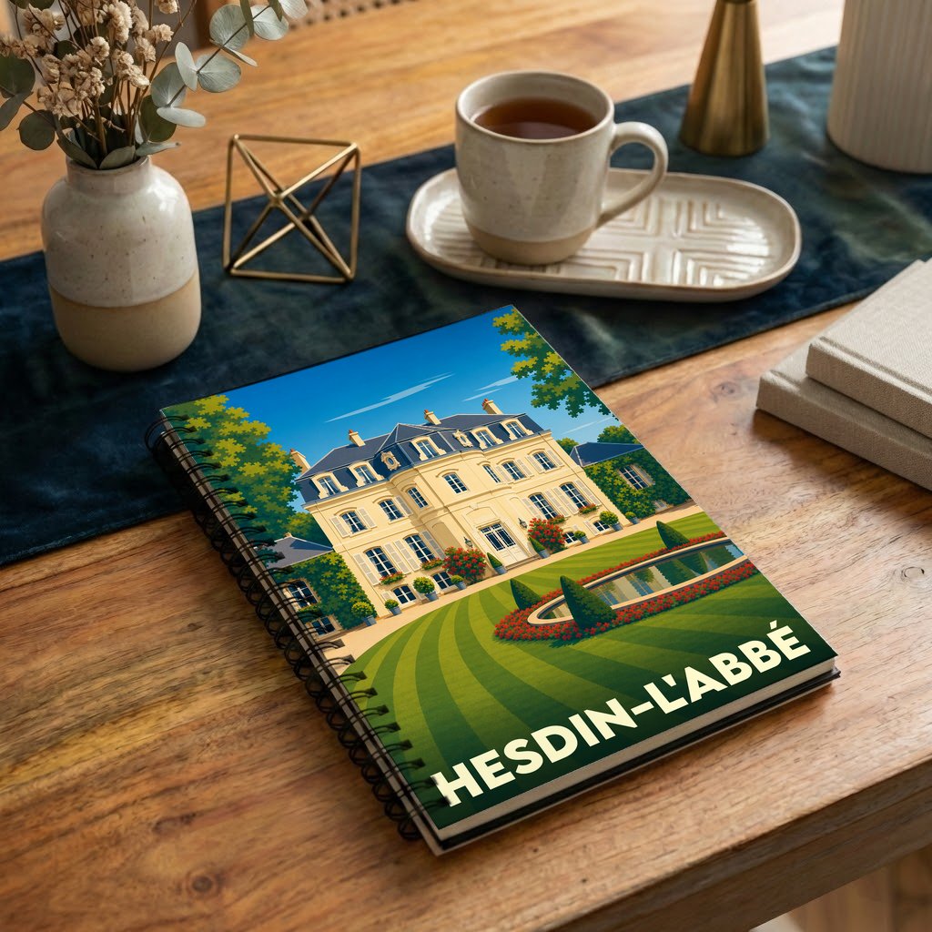 Carnet de notes souvenir de la ville de Hesdin-l'Abbé avec une illustration stylisée d'un château.