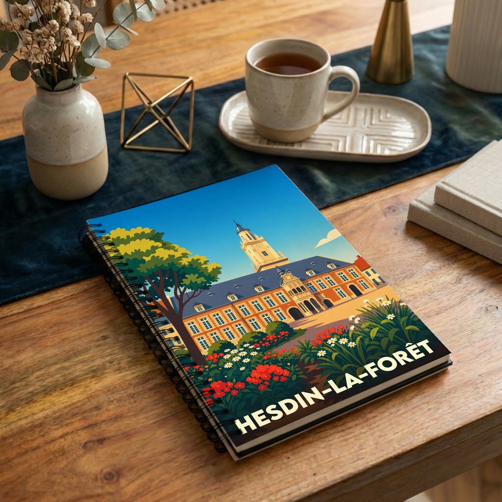 Carnet souvenir de la ville de Hesdin-la-Forêt illustré d'un paysage urbain coloré.