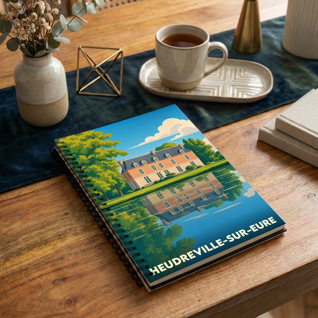 Carnet à spirales souvenir de la ville de Heudreville-sur-Eure avec une illustration stylisée d'un château se reflétant dans l'eau.