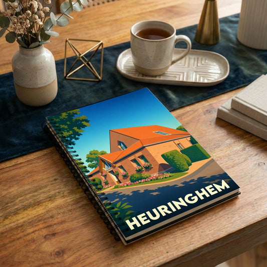 Carnet à spirales souvenir de la ville de Heuringhem avec une illustration stylisée d'une maison.