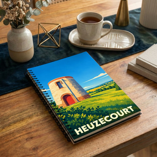 Carnet à spirales souvenir de la ville de Heuzecourt avec une illustration stylisée de son moulin.
