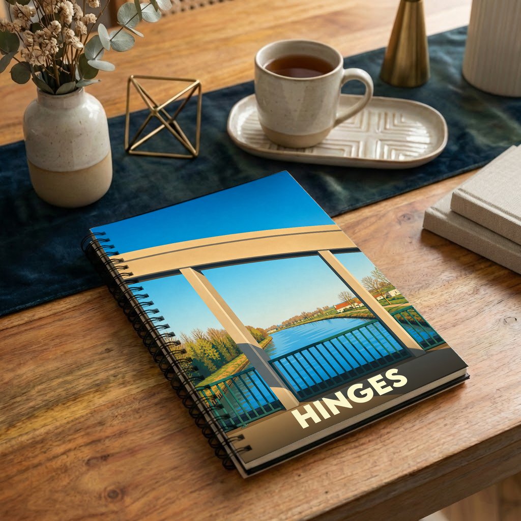 Carnet à spirales souvenir de la ville de Hinges avec une illustration stylisée d'un pont au-dessus de l'eau.
