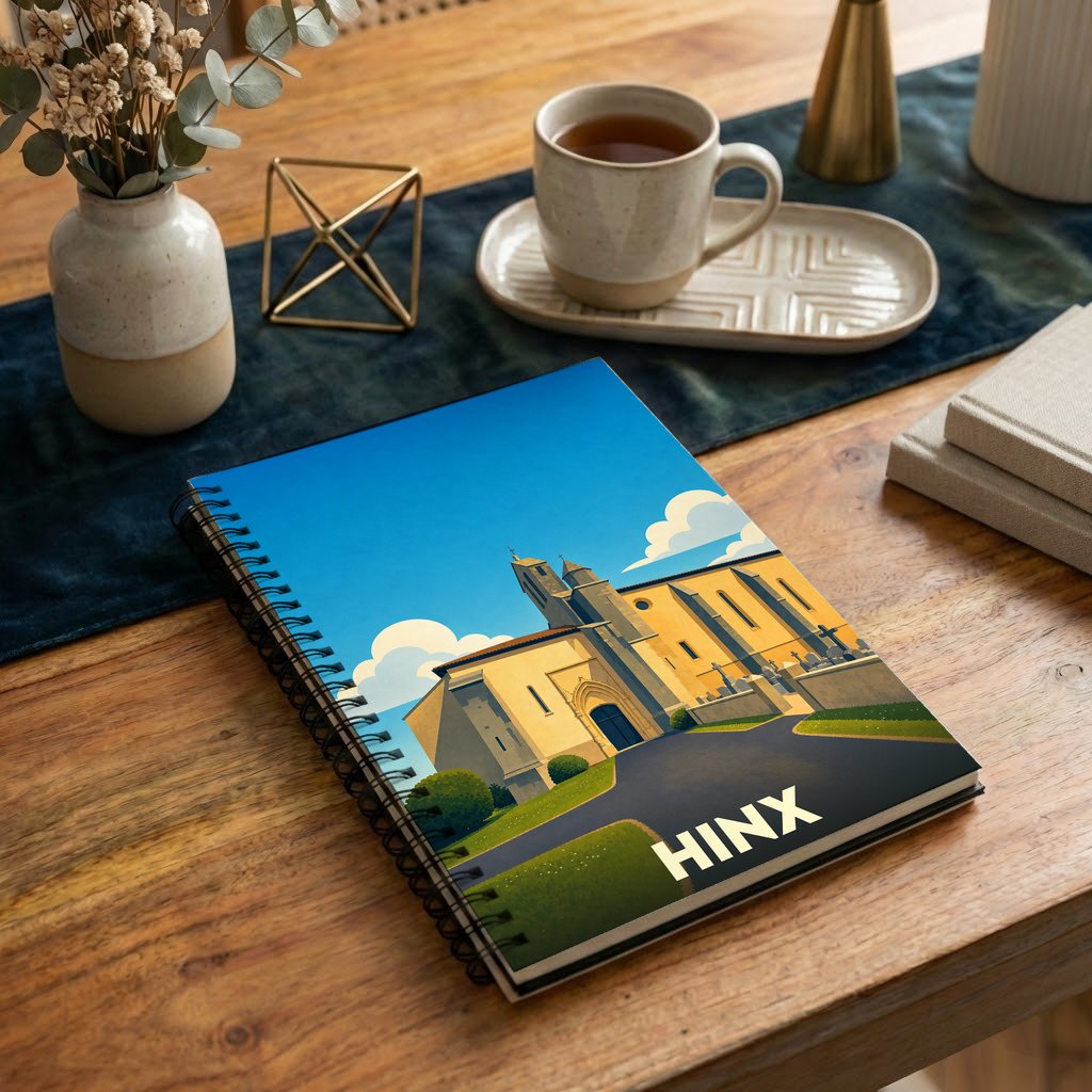 Carnet à spirales souvenir de la ville de Hinx avec une illustration stylisée de son église.