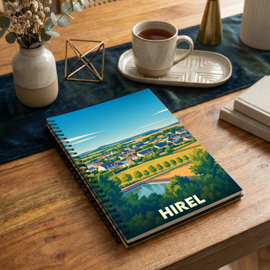 Carnet souvenir de la ville de Hirel avec une illustration stylisée d'un paysage de campagne.
