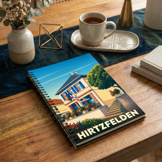 Carnet souvenir de la ville de Hirtzfelden avec une illustration stylisée de sa mairie fleurie.