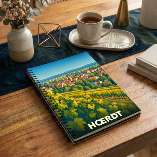 Carnet souvenir de la ville de Hœrdt avec une illustration stylisée de son paysage de vignobles.