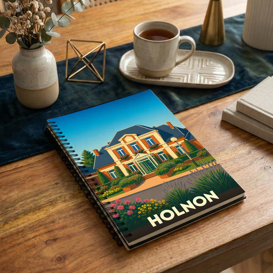 Carnet à spirales souvenir de la ville de Holnon avec une illustration stylisée d'une demeure bourgeoise.